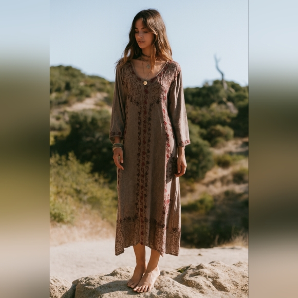 NWT S.R. Boho Embroidered Rayon Maxi Dress Charcoal Gray Size XL Made in India - Picture 1 of 6